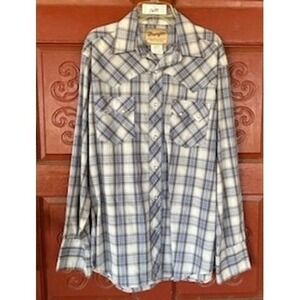 Wrangler Western Snap Shirt Plaid Medium Blue Gray Cowboy Ranch Men's Size M